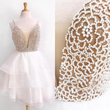 New White Homecoming Dresses Short V Neck Spaghetti Straps Tiered Pearls Prom Hoco Dress