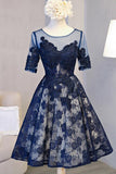 Chic Navy Blue Lace Homecoming Dresses Short Sleeves Knee Length Beaded Prom Hoco Dress