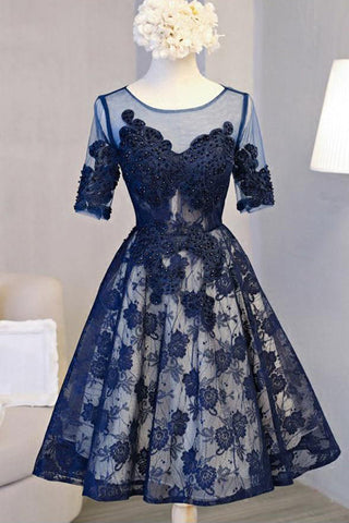 Chic Navy Blue Lace Homecoming Dresses Short Sleeves Knee Length Beaded Prom Hoco Dress