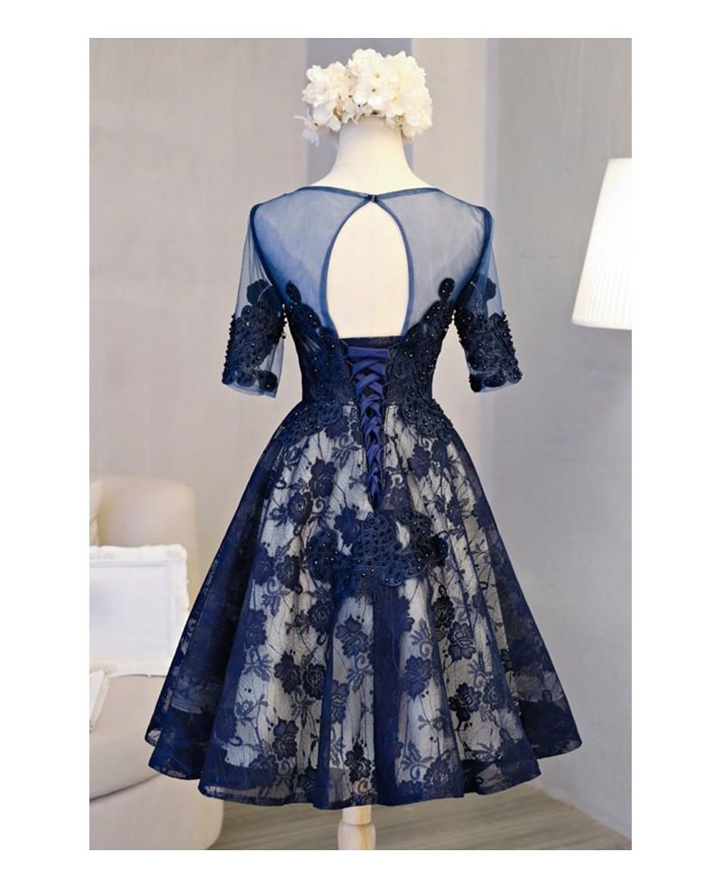 Chic Navy Blue Lace Homecoming Dresses Short Sleeves Knee Length Beaded Prom Hoco Dress