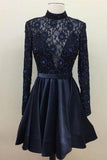Real Picture Navy Blue Long Sleeves Homecoming Dresses Short High Neck Beaded Prom Dress