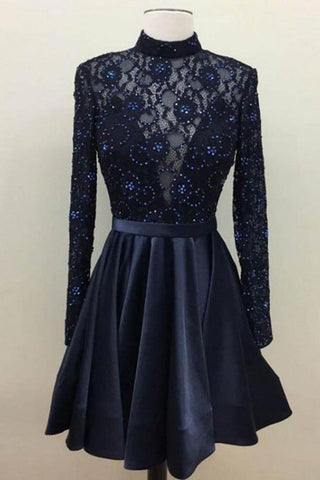 Real Picture Navy Blue Long Sleeves Homecoming Dresses Short High Neck Beaded Prom Dress