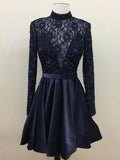 Real Picture Navy Blue Long Sleeves Homecoming Dresses Short High Neck Beaded Prom Dress