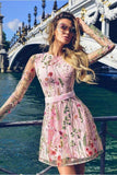 New Arrival Embroidery Lace Long Sleeves Homecoming Dresses Pink Short Prom Graduation Dress