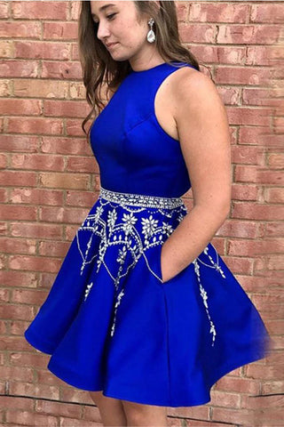 Fashion Royal Blue Mini Homecoming Dresses High Neck Beaded Prom Dress With Pocket