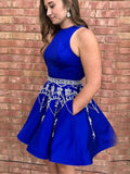 Fashion Royal Blue Mini Homecoming Dresses High Neck Beaded Prom Dress With Pocket
