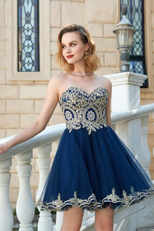A Line Navy Blue Strapless Gold Lace Short Homecoming Dresses