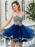 A Line Navy Blue Strapless Gold Lace Short Homecoming Dresses