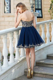 A Line Navy Blue Strapless Gold Lace Short Homecoming Dresses