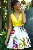 New Arrival Backless V Neck Printed Yellow Homecoming Dresses Short Prom Graduation Dress