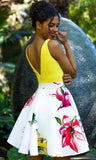 New Arrival Backless V Neck Printed Yellow Homecoming Dresses Short Prom Graduation Dress