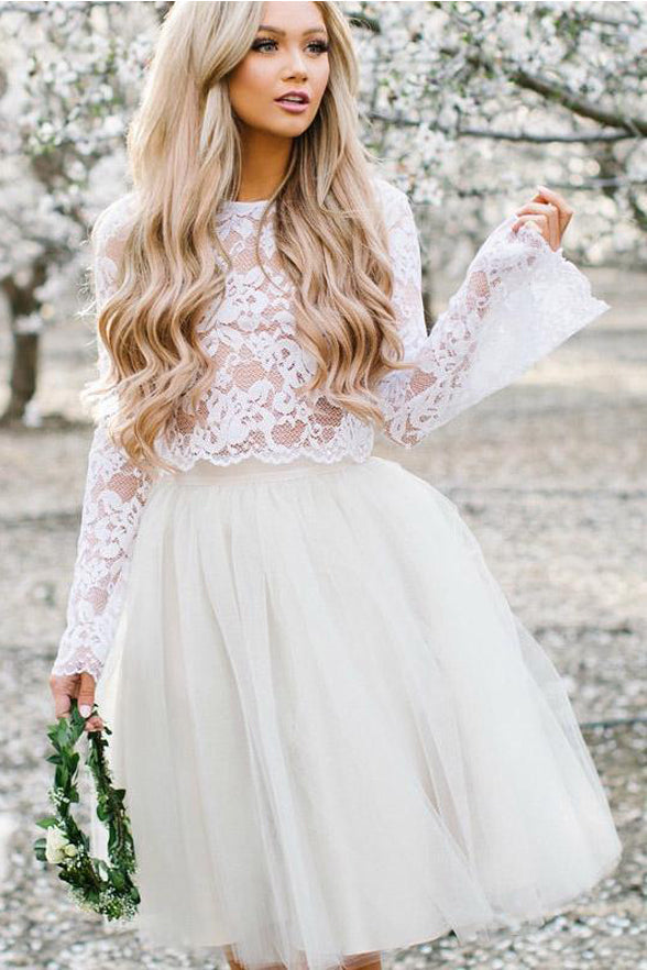 Princess White Lace Homecoming Dresses Two Pieces Long Sleeves Prom Party Dress