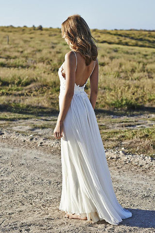 Spaghetti Straps Open Back Ivory Lace Long Beach Bridal Wedding Dress