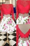 2 Piece Red Long Sleeves Backless Lace Homecoming Dresses Graduation Dress