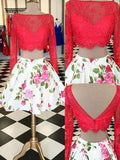 2 Piece Red Long Sleeves Backless Lace Homecoming Dresses Graduation Dress