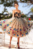 Charming A Line Strapless Butterfly Appliques Tea Length Homecoming Dresses Prom Dress