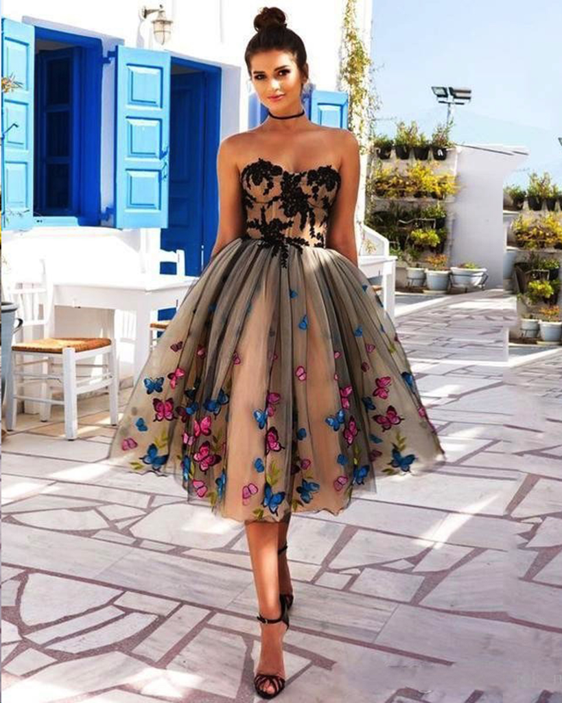 Charming A Line Strapless Butterfly Appliques Tea Length Homecoming Dresses Prom Dress