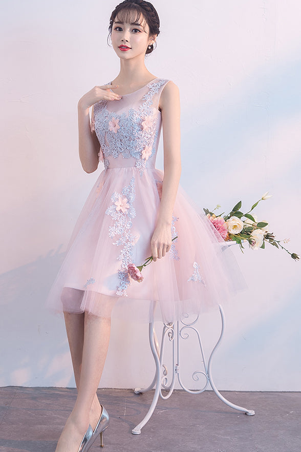 A Line Princess Pink Homecoming Dresses Short Lace Appliques Prom Graduation Dress