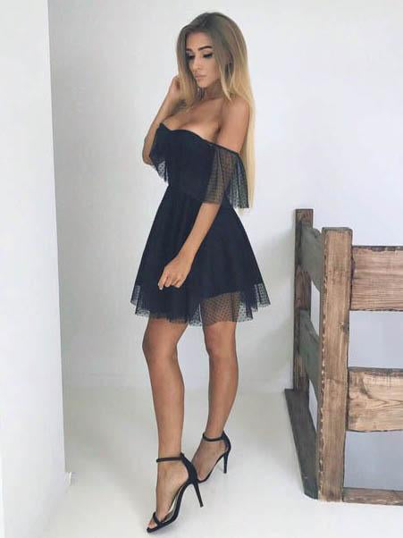 Sexy Off the Shoulder Black Lace Homecoming Dresses Mini Length Prom Graduation Dress