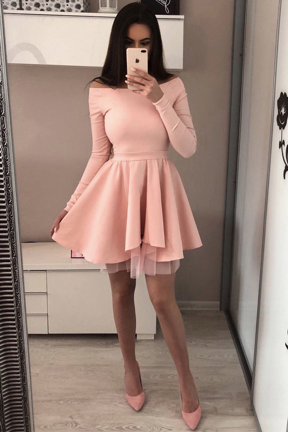 Simple Long Sleeves Pink Homecoming Dresses Short High Low Prom Graduation Dress