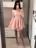 Simple Long Sleeves Pink Homecoming Dresses Short High Low Prom Graduation Dress