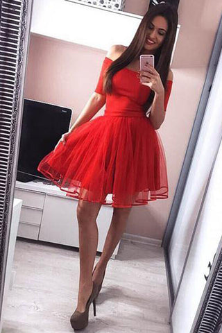 Off the Shoulder Red Homecoming Dresses Short Sleeves Cheap Prom Graduation Dress