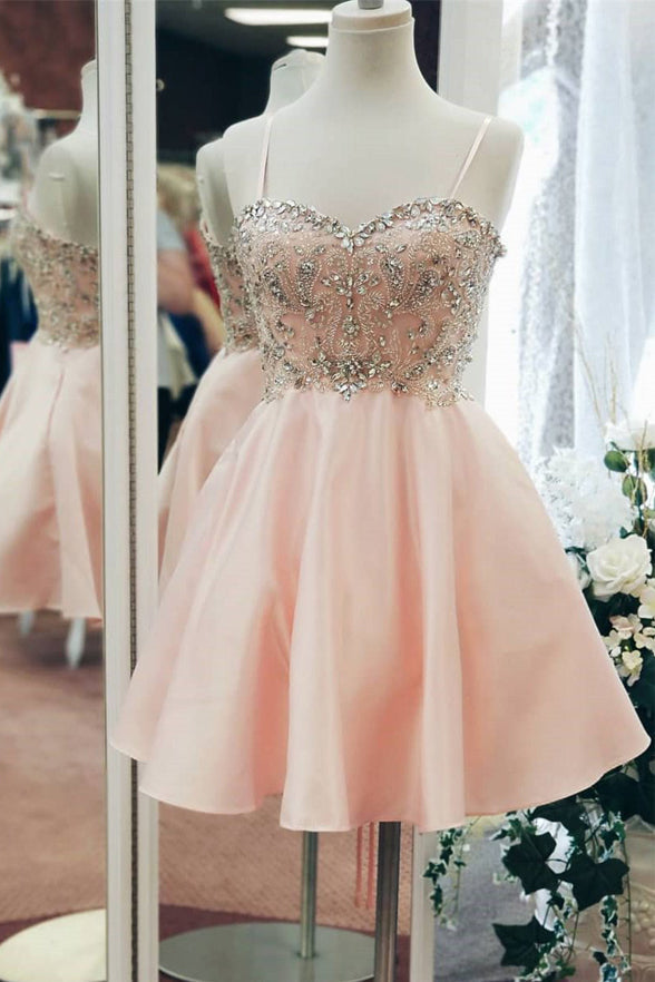 A Line Spaghetti Straps Pink Beaded Homecoming Dress Shot Prom Graduation Dresses