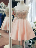 A Line Spaghetti Straps Pink Beaded Homecoming Dress Shot Prom Graduation Dresses