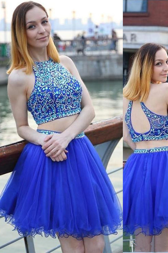 Sexy Two Pieces Royal Blue Beaded Backless Homecoming Dress Short Prom Hoco Dresses
