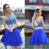 Sexy Two Pieces Royal Blue Beaded Backless Homecoming Dress Short Prom Hoco Dresses