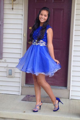 Princess A Line Royal Blue Beaded Homecoming Dresses Tulle Short Prom Graduation Dress