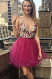 Hot Pink V Neck Embroidery Backless Homecoming Dresses Short Prom Graduation Dress