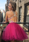 Hot Pink V Neck Embroidery Backless Homecoming Dresses Short Prom Graduation Dress