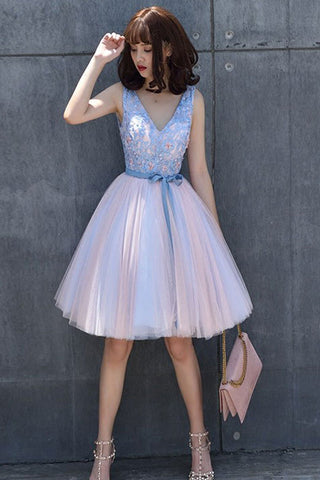 Princess V Neck Lavender Lace Backless Homecoming Dresses Short Prom Graduation Dress
