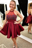 Chic Halter Open Back Burgundy Homecoming Dress Beaded Shot Prom Hoco Dresses