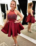 Chic Halter Open Back Burgundy Homecoming Dress Beaded Shot Prom Hoco Dresses