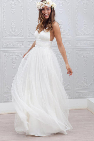 A Line Elegant Beach V Neck Spaghetti Straps Backless Bridal Wedding Dresses