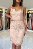 Sexy Spaghetti Straps Lace Pink Sheath Homecoming Dress Shot Prom Hoco Dresses