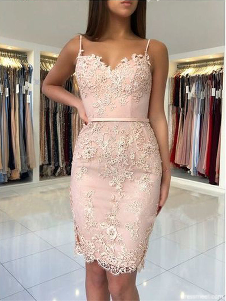 Sexy Spaghetti Straps Lace Pink Sheath Homecoming Dress Shot Prom Hoco Dresses