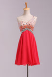 Empire Waist One Shoulder Coral Backless Plus Size Homecoming Dress Short Prom Hoco Dresses