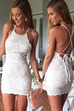 Chic Spaghetti Straps Open Back Ivory Lace Sheath Homecoming Dress Short Prom Hoco Dresses