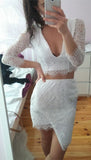 New White Lace Long Sleeves 2 Pieces Asymmetric Sheath Homecoming Dress Prom Hoco Dresses
