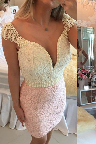 Sexy Open Back Sheath Mini Length Ivory Lace Pink Homecoming Dress Prom Hoco Dresses