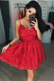 Shiny Red Lace Spaghetti Straps V Neck Homecoming Dress Short Prom Hoco Dresses