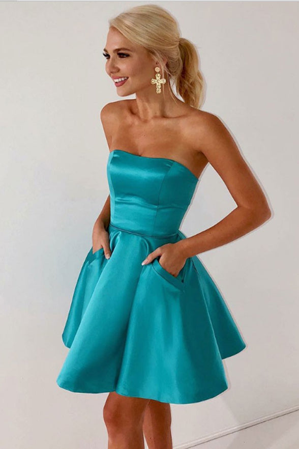 Simple Strapless Cheap Homecoming Dresses With Pocket Short Prom Garduation Dress