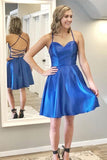 Sexy Backless Royal Blue Spaghetti Straps Homecoming Dress Short Prom Hoco Dresses