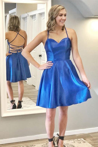 Sexy Backless Royal Blue Spaghetti Straps Homecoming Dress Short Prom Hoco Dresses