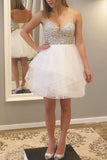 Chic White Spaghetti Straps Beaded Tiered Homecoming Dresses Short Prom Garduation Dress