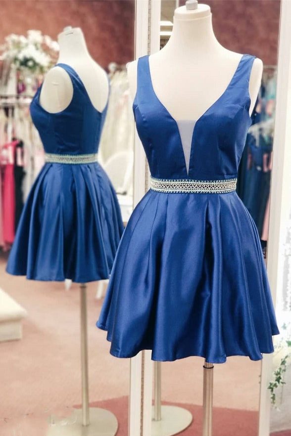 Fashion Deep V Neck Royal Blue Homecoming Dresses Short Cheap Prom Garduation Dress