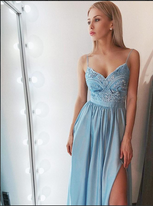 Front Split Spaghetti Straps Light Blue Chiffon Appliques Prom Dresses Evening Dress Gowns